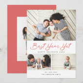 Foto van beste jaar en modern rood script 3 collag feestdagenkaart (Voorkant / Achterkant)