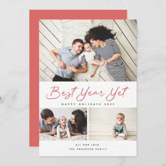 Foto van beste jaar en modern rood script 3 collag feestdagenkaart (Voorkant / Achterkant)