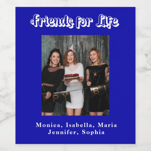 Foto van beste vrienden koningsblauw wit schrift wijn etiket (Enkel label)