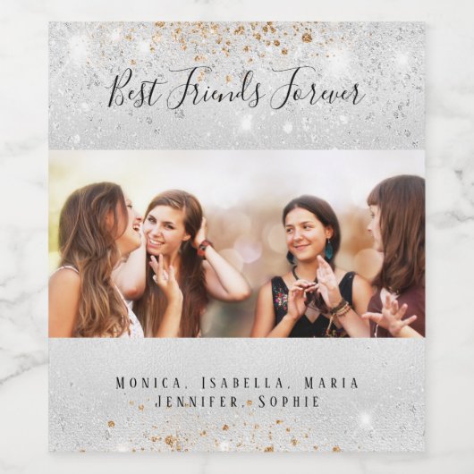 Foto van beste vrienden met zilver glitters goud wijn etiket (Enkel label)