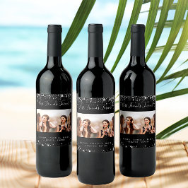 Foto van beste vrienden met zwarte zilveren glitte wijn etiket