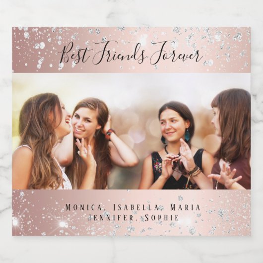 Foto van beste vrienden roze goud zilver glitters sparkling wijnetiket (Enkel label)