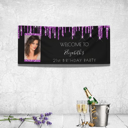 Foto van Birthday Black paars glitter welkom Spandoek