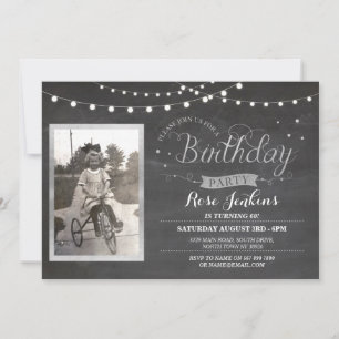 Foto van Birthday Chalk Lights Rustic Wood Invites Kaart