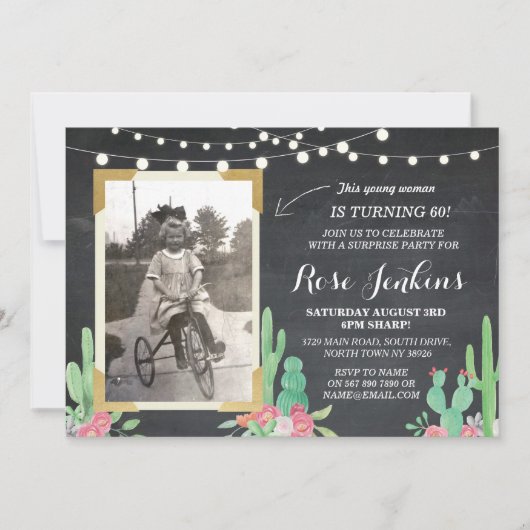 Foto van Birthday Floral Cactus Wood Invitations Kaart (Voorkant)