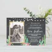 Foto van Birthday Floral Cactus Wood Invitations Kaart (Staand voorkant)