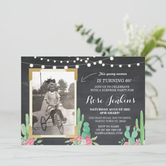 Foto van Birthday Floral Cactus Wood Invitations Kaart (Staand voorkant)
