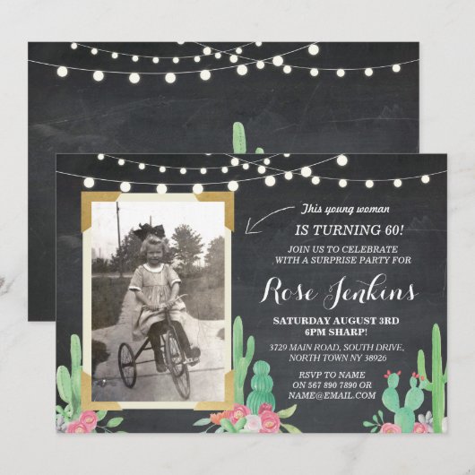 Foto van Birthday Floral Cactus Wood Invitations Kaart (Voorkant / Achterkant)