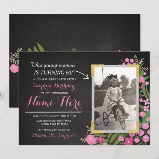 Foto van Birthday  Floral Nodig alle leeftijdsvrou Kaart (Voorkant / Achterkant)