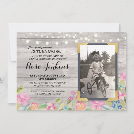 Foto van Birthday Floral Rustic Wood Invitations Kaart (Voorkant)