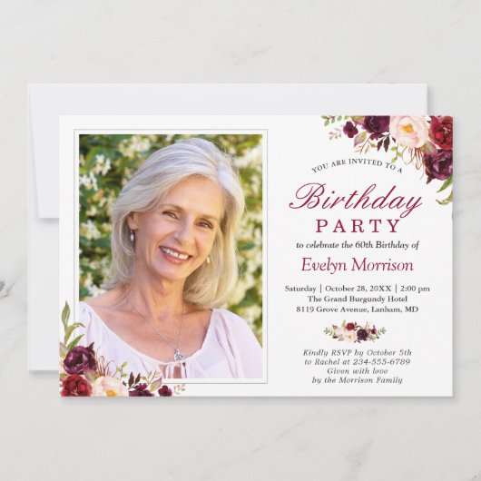 Foto van Birthday Party Burgundy Red Blush Floral Kaart (Voorkant)