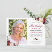 Foto van Birthday Party Burgundy Red Blush Floral Kaart (Staand voorkant)