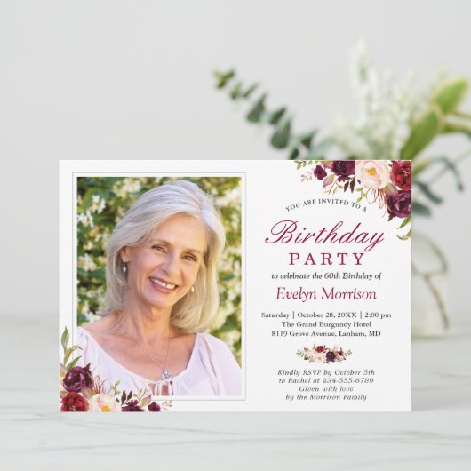 Foto van Birthday Party Burgundy Red Blush Floral Kaart (Staand voorkant)