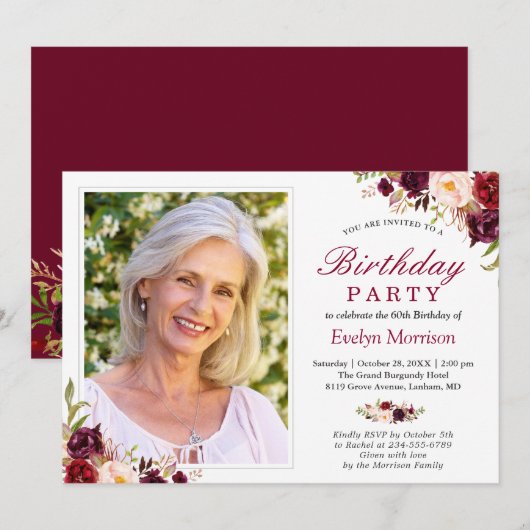 Foto van Birthday Party Burgundy Red Blush Floral Kaart (Voorkant / Achterkant)