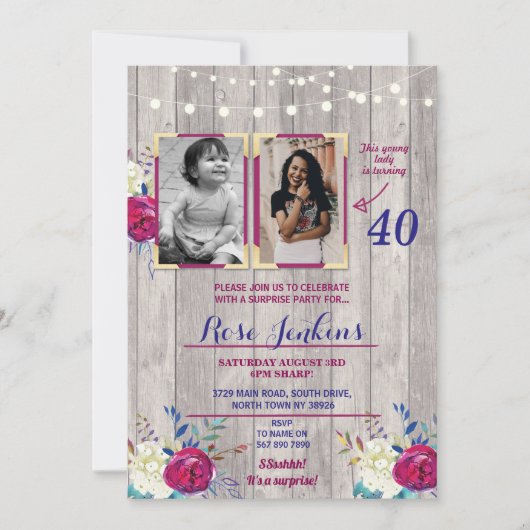 Foto van Birthday Party Floral Paars Wood 2 Afbeel Kaart (Voorkant)