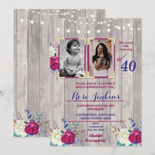 Foto van Birthday Party Floral Paars Wood 2 Afbeel Kaart (Voorkant / Achterkant)