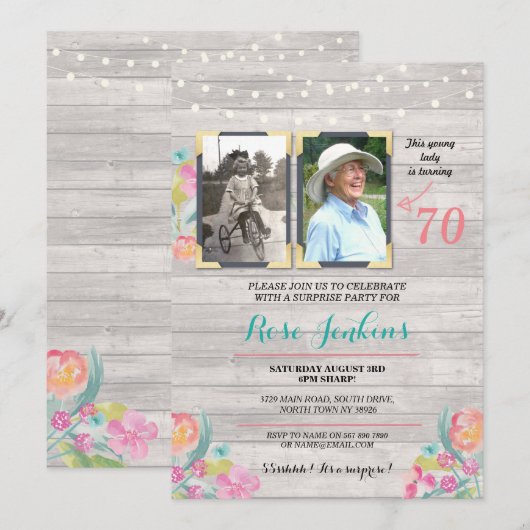 Foto van Birthday Party Floral Rustic Wood 2 Afbee Kaart (Voorkant / Achterkant)