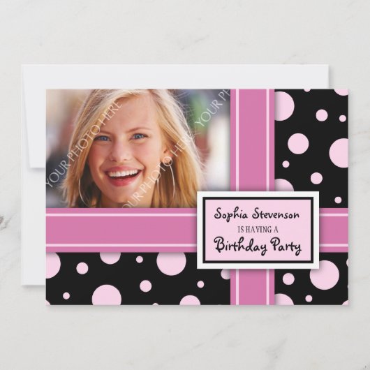 Foto van Birthday Party Invitation roze Black Stip Kaart (Voorkant)