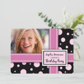 Foto van Birthday Party Invitation roze Black Stip Kaart (Staand voorkant)