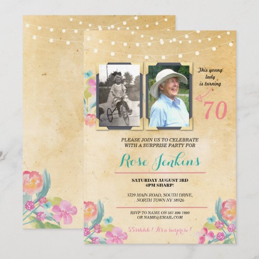 Foto van Birthday Party Pink Floral 2 Afbeeldingen Kaart (Voorkant / Achterkant)