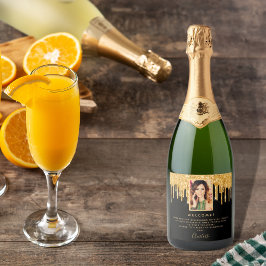 Foto van Birthday party zwarte glitter goud welkom Sparkling Wijnetiket