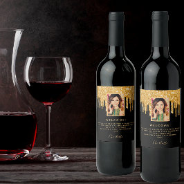 Foto van Birthday party zwarte glitter goud welkom Wijn Etiket