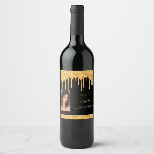 Foto van Birthday party: zwarte goudglitter glazen Wijn Etiket (Voorkant)