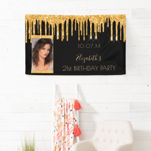 Foto van Birthday party zwarte goudglitter welkom Spandoek