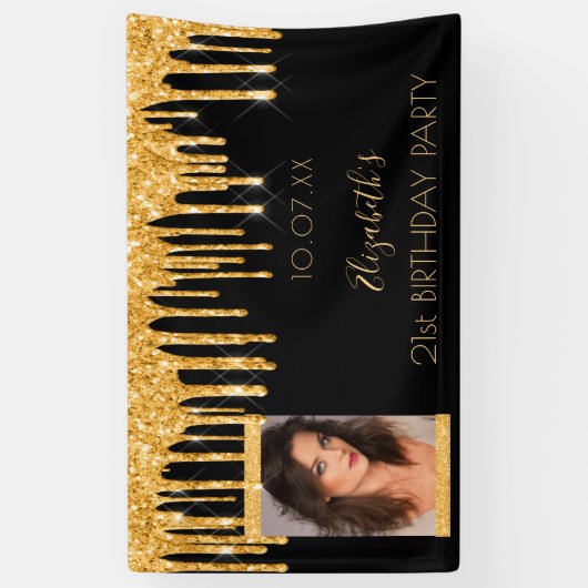 Foto van Birthday party zwarte goudglitter welkom Spandoek