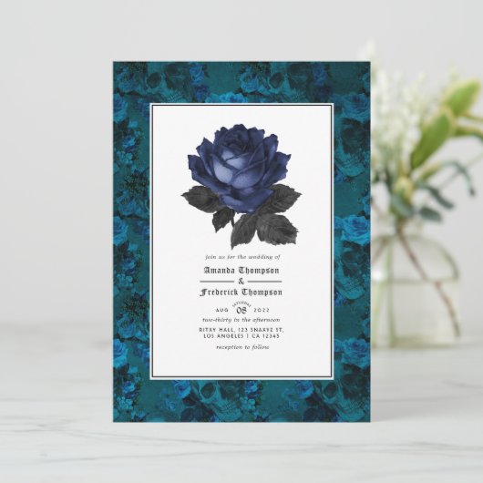 Foto van Black and Blue Gothic Floral Wedding Kaart (Staand voorkant)