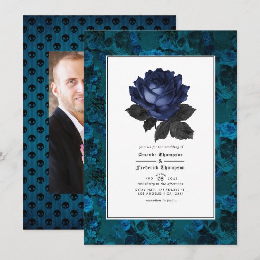 Foto van Black and Blue Gothic Floral Wedding Kaart (Voorkant / Achterkant)