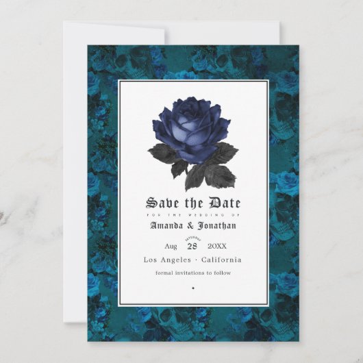 Foto van Black and Blue Gothic Floral Wedding Save The Date (Voorkant)