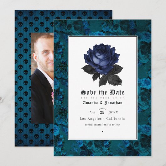 Foto van Black and Blue Gothic Floral Wedding Save The Date (Voorkant / Achterkant)