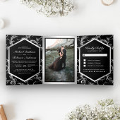 Foto van Black and Silver Flourish Swirl Wedding Drieluik Uitnodiging