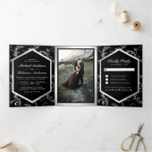 Foto van Black and Silver Flourish Swirl Wedding Drieluik Uitnodiging (Binnen)