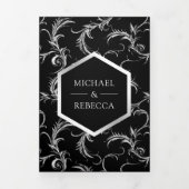 Foto van Black and Silver Flourish Swirl Wedding Drieluik Uitnodiging (Cover)