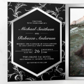 Foto van Black and Silver Flourish Swirl Wedding Drieluik Uitnodiging (Binnenzijde eerst)