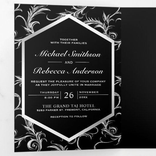Foto van Black and Silver Flourish Swirl Wedding Drieluik Uitnodiging (Binnenzijde eerst)
