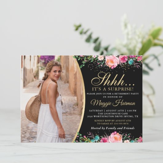 Foto van Black Gold Floral Surprise Retirement Par Kaart (Staand voorkant)