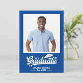 Foto van blauwe afstudeeraankondiging bedankkaart (Staand voorkant)