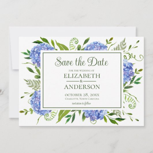 Foto van blauwe hortensia's save the date (Voorkant)