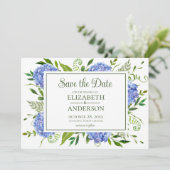 Foto van blauwe hortensia's save the date (Staand voorkant)