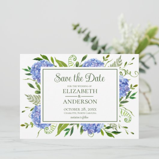 Foto van blauwe hortensia's save the date (Staand voorkant)