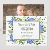 Foto van blauwe hortensia's save the date (Voorkant / Achterkant)