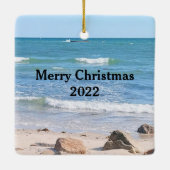 Foto van Blauwe Oceaan met kerstbijbelschrift Keramisch Ornament (Achterkant)