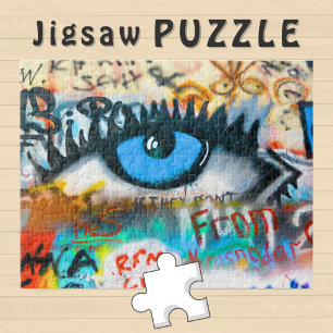 Foto van Blauwe Oog op Graffiti Muur - Legpuzzel