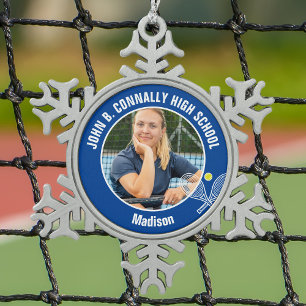 Foto van blauwe tennisspeler met spirit van de mid tin sneeuwvlok ornament