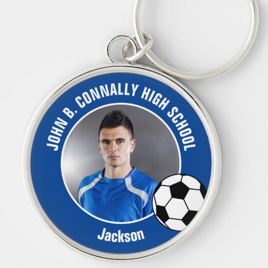 Foto van blauwe voetballer op middelbare school sleutelhanger (Voorkant)