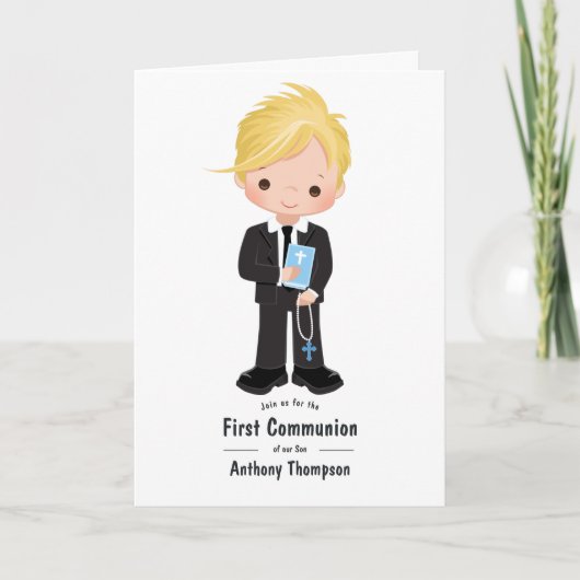 Foto van blonde jongen bij eerste communie (Voorkant)