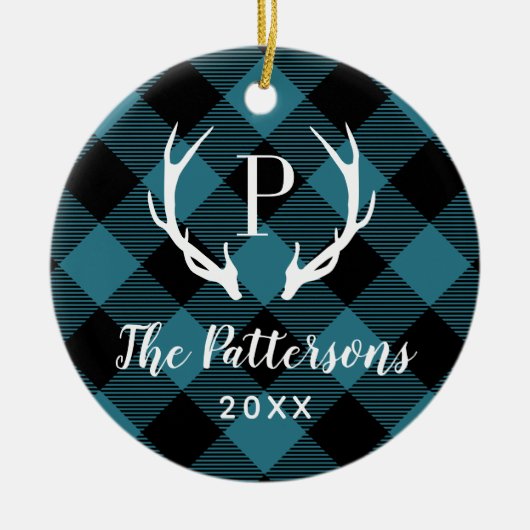 Foto van Blue and Black Pset Rustic Antler Keramisch Ornament (Voorkant)